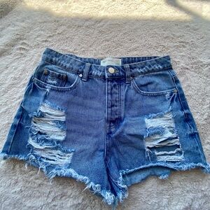 Ban.Jara Hi Rise Medium Wash Button Fly Distressed Denim Shorts Size 7